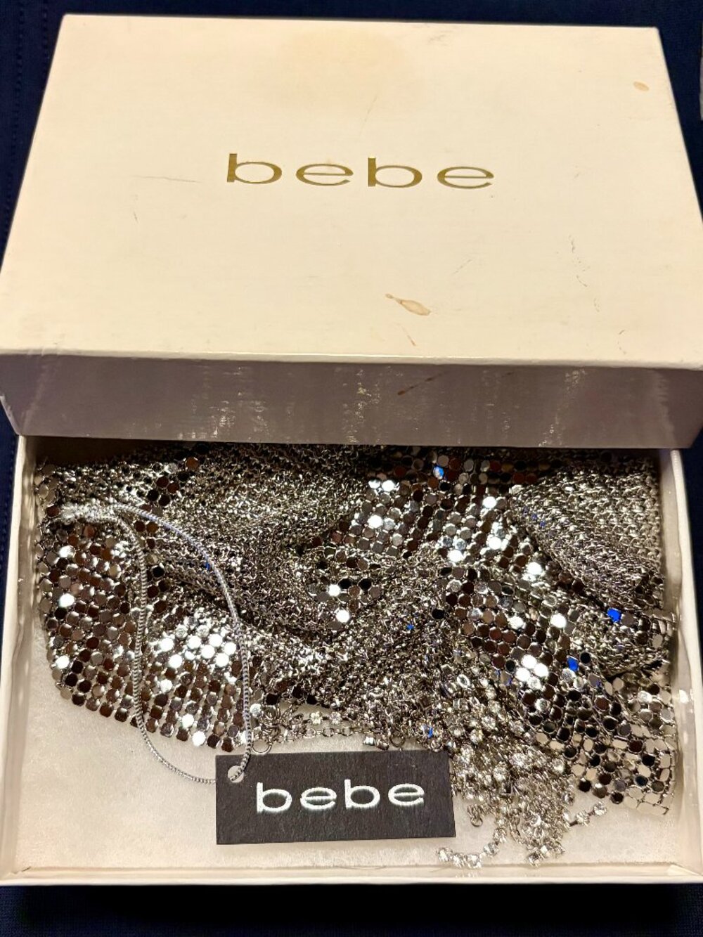 NWT Vintage Bebe Silver Chainmail Scarf Metallic Mesh Boxed Y2K